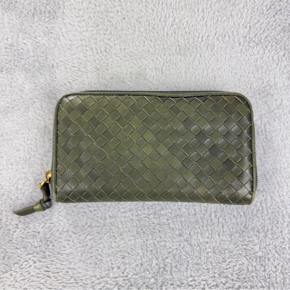 Bottega Veneta Intrecciato Leather Olive Green Zip Round Long Wallet W/Box - Picture 4 of 8